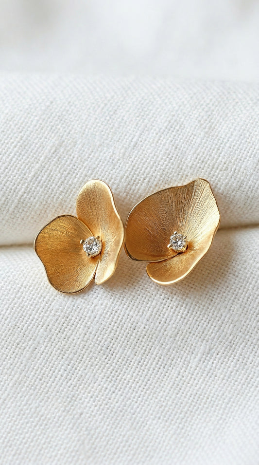 14K Gold Diamond Flower Stud Earrings