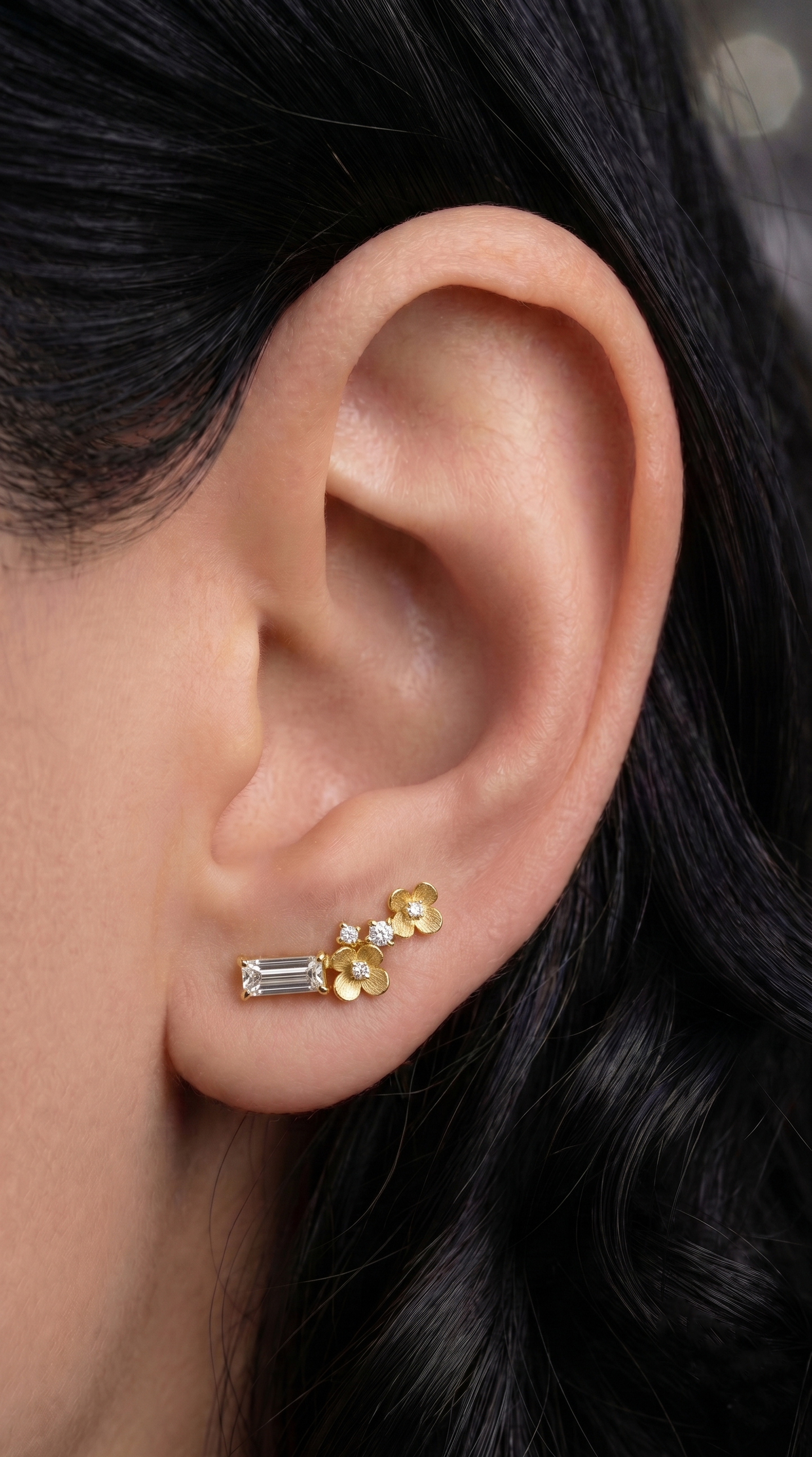 14K Gold Diamond Flowers Ear Climbers
