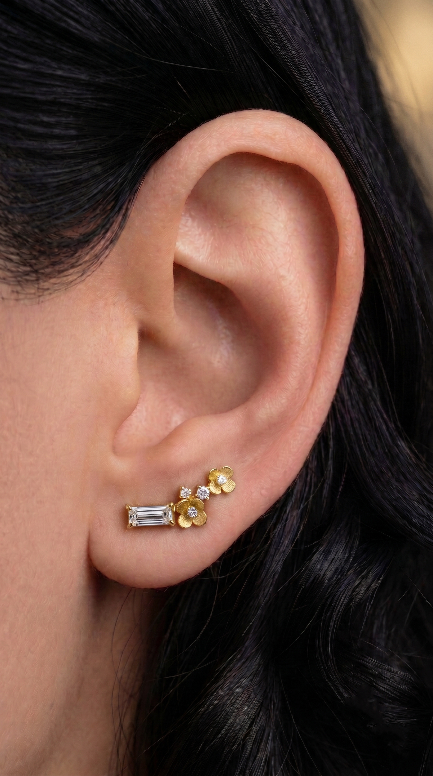 14K Gold Diamond Flowers Ear Climbers
