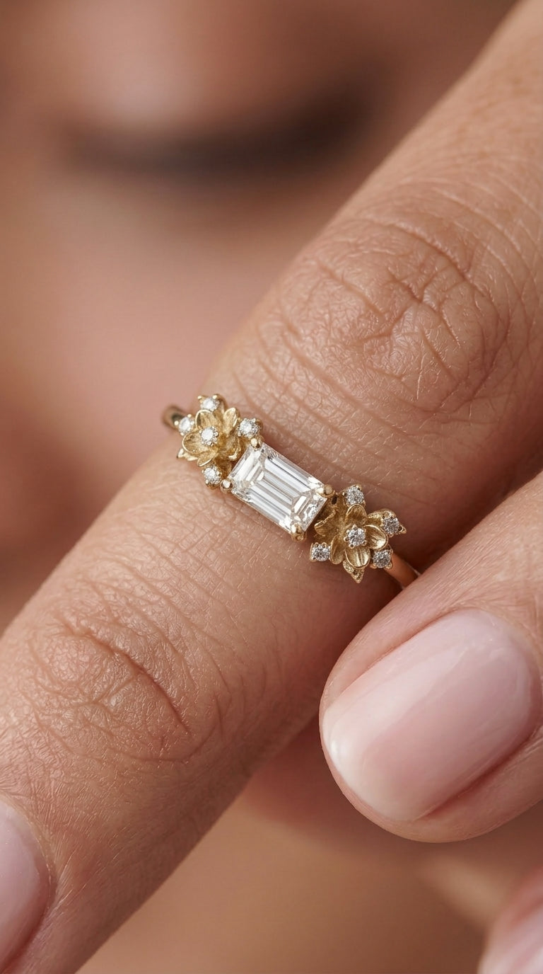 14K Gold Diamond Flowers Ring