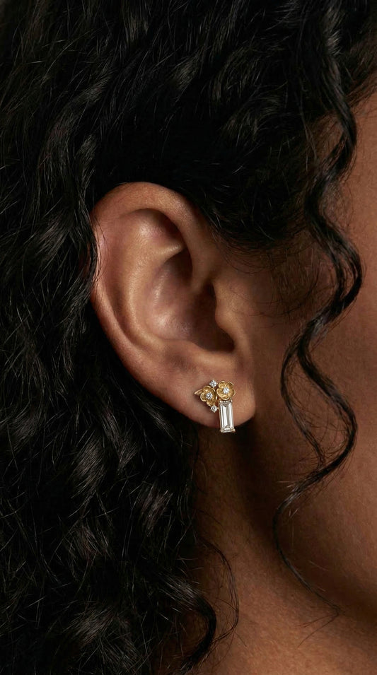 14K Gold Diamond Two Flowers Stud Earrings
