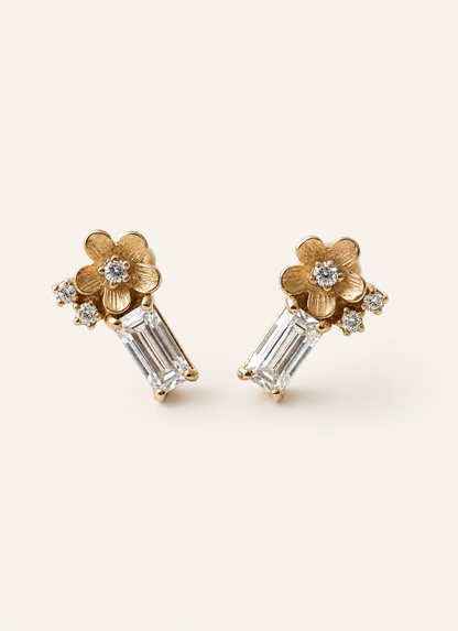 14K Gold Diamond Flower Stud Earrings