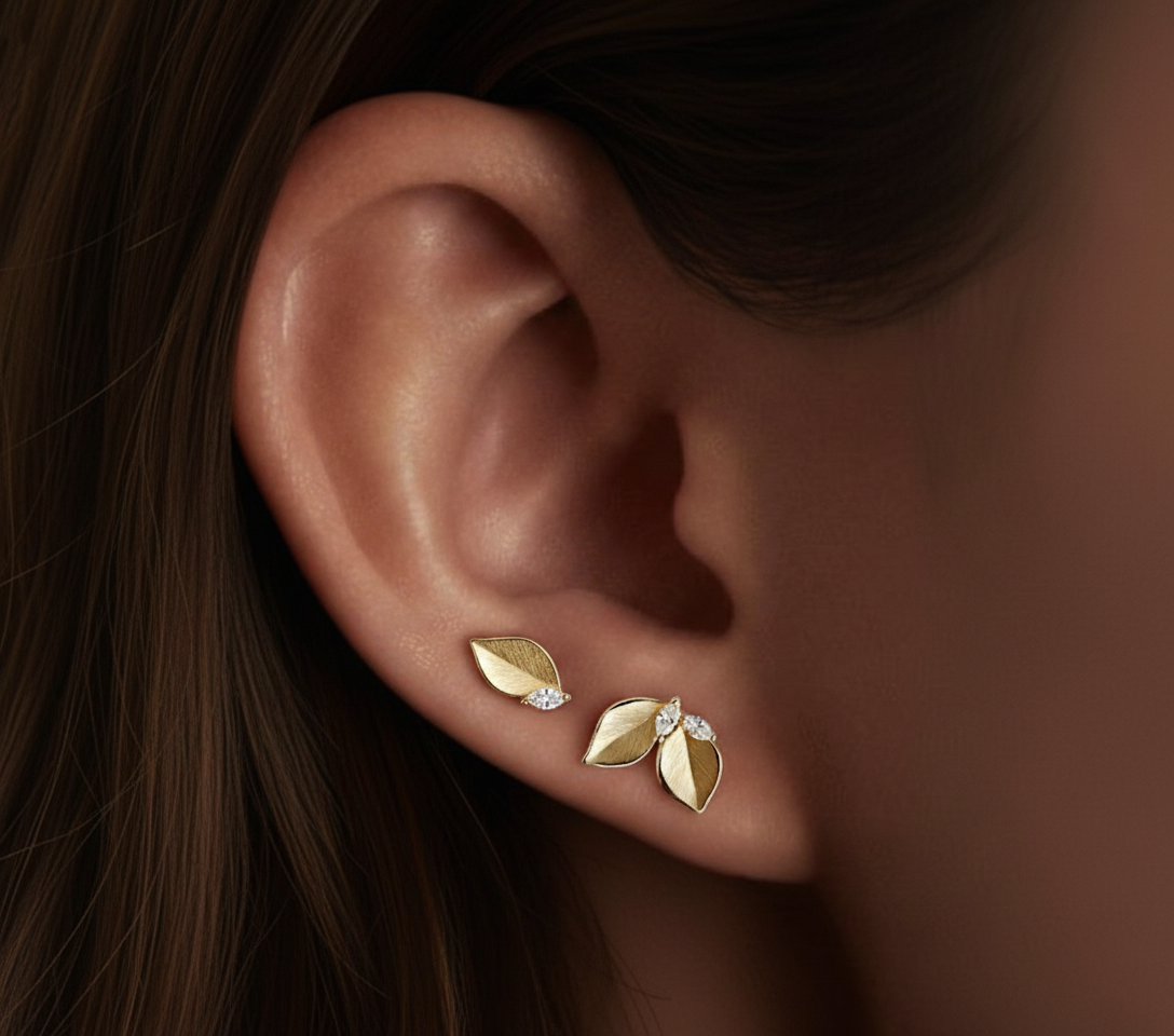 14K Gold Leaf Diamond Stud Earrings