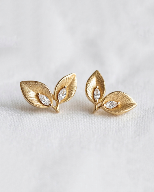 14K Gold Double Leaf Diamond Earrings