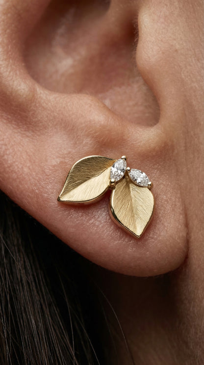 14K Gold Leaves Diamond Stud Earrings