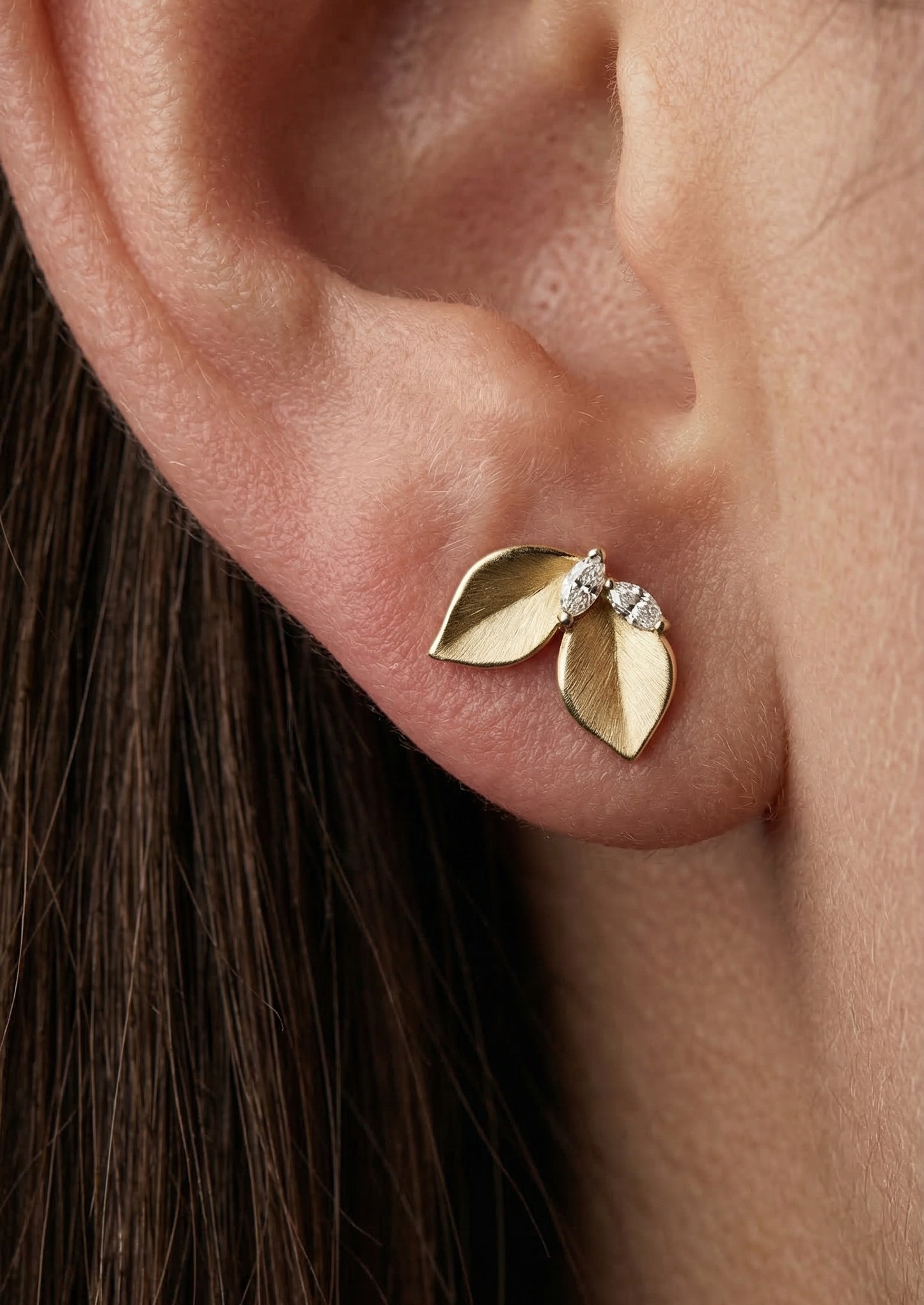 14K Gold Leaves Diamond Stud Earrings