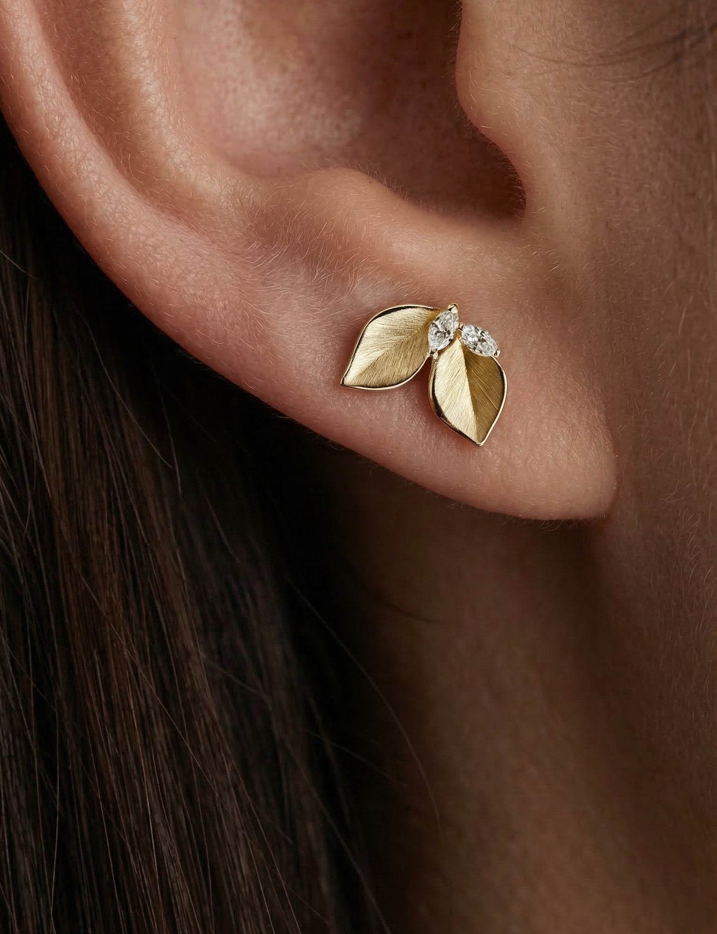 14K Gold Leaves Diamond Stud Earrings