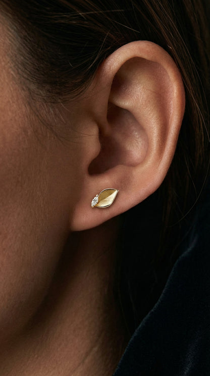 14K Gold Leaf Diamond Stud Earrings