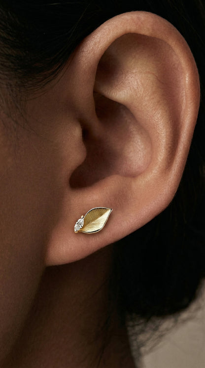 14K Gold Leaf Diamond Stud Earrings