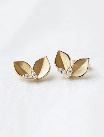 14K Gold Leaves Diamond Stud Earrings
