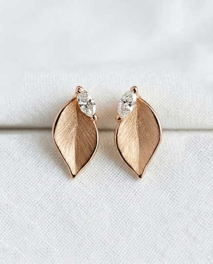 14K Gold Leaf Diamond Stud Earrings