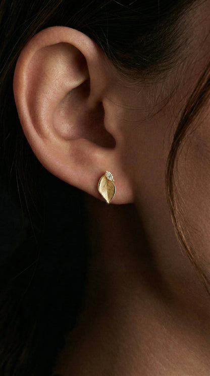 14K Gold Leaf Diamond Stud Earrings