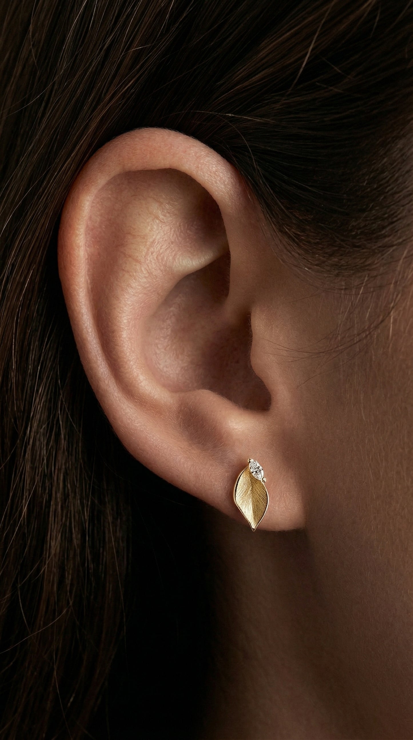 14K Gold Leaf Diamond Stud Earrings