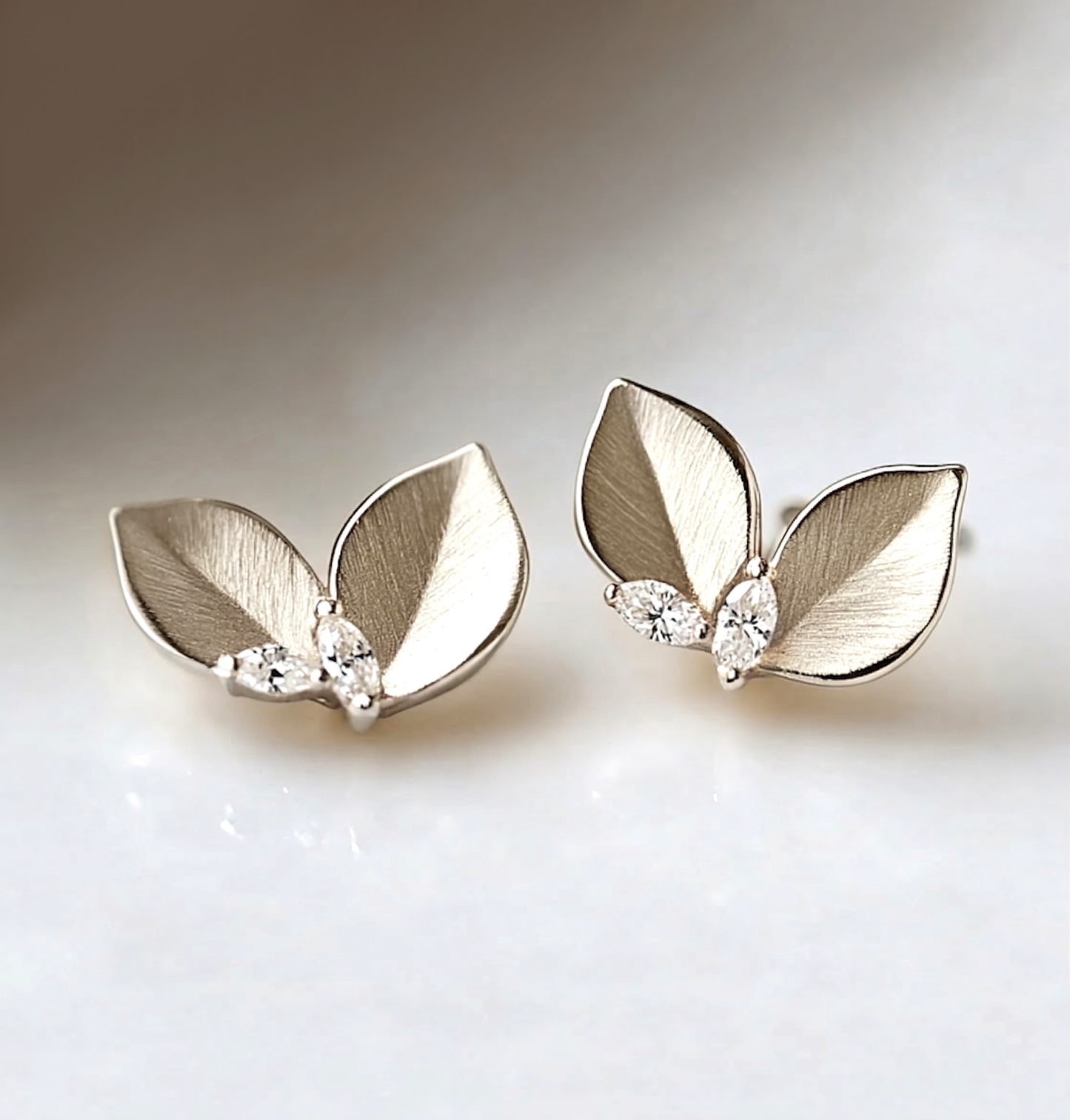 14K Gold Leaves Diamond Stud Earrings