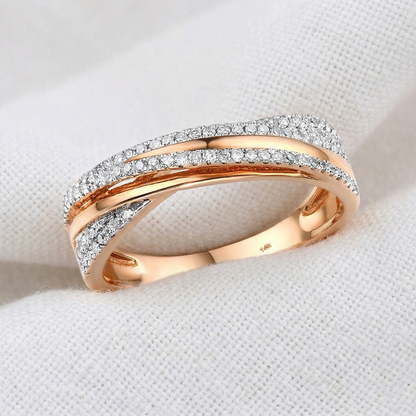 14K Gold Natural Diamond Criss Cross X Ring