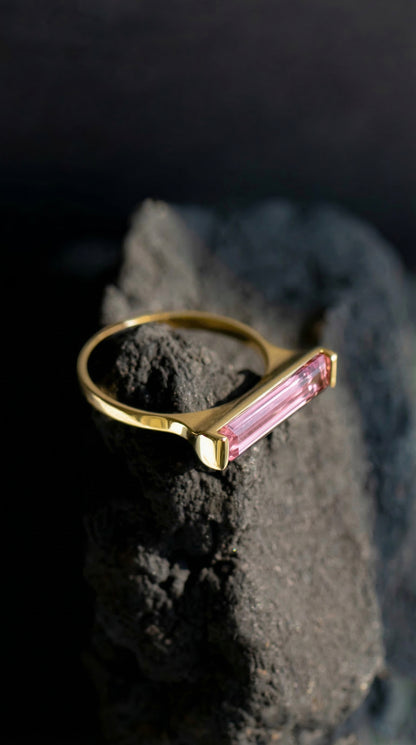 14K Gold Pink Tourmaline Long Bar Ring