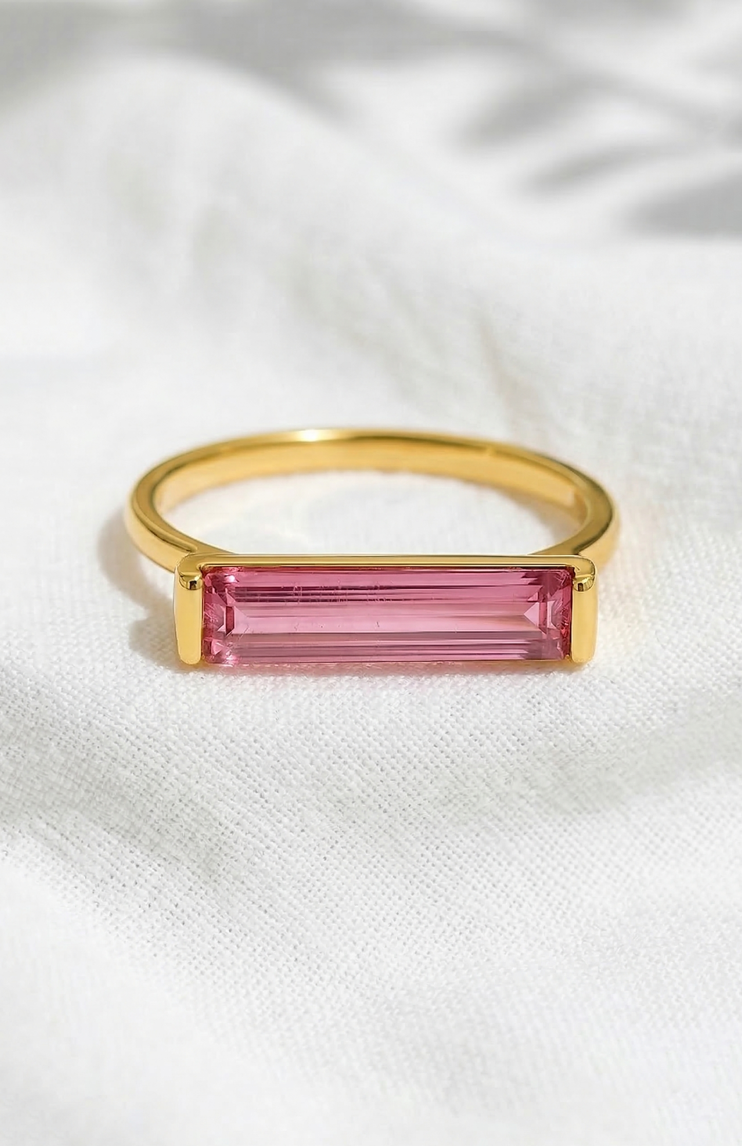 14K Gold Pink Tourmaline Long Bar Ring