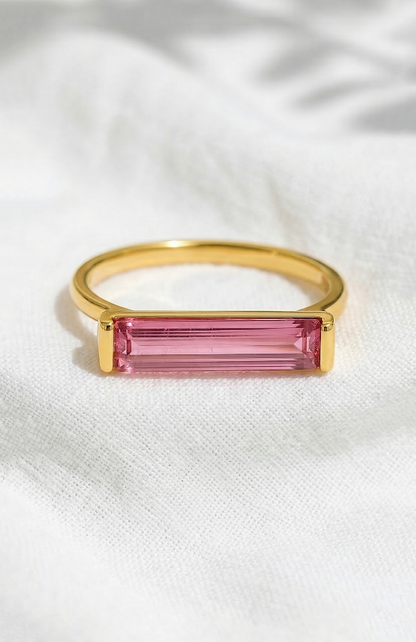 14K Gold Pink Tourmaline Long Bar Ring