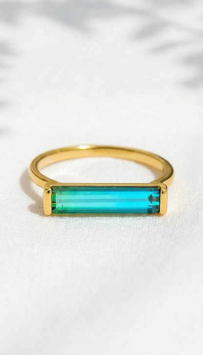 14K Gold Blue Tourmaline Long Bar Ring