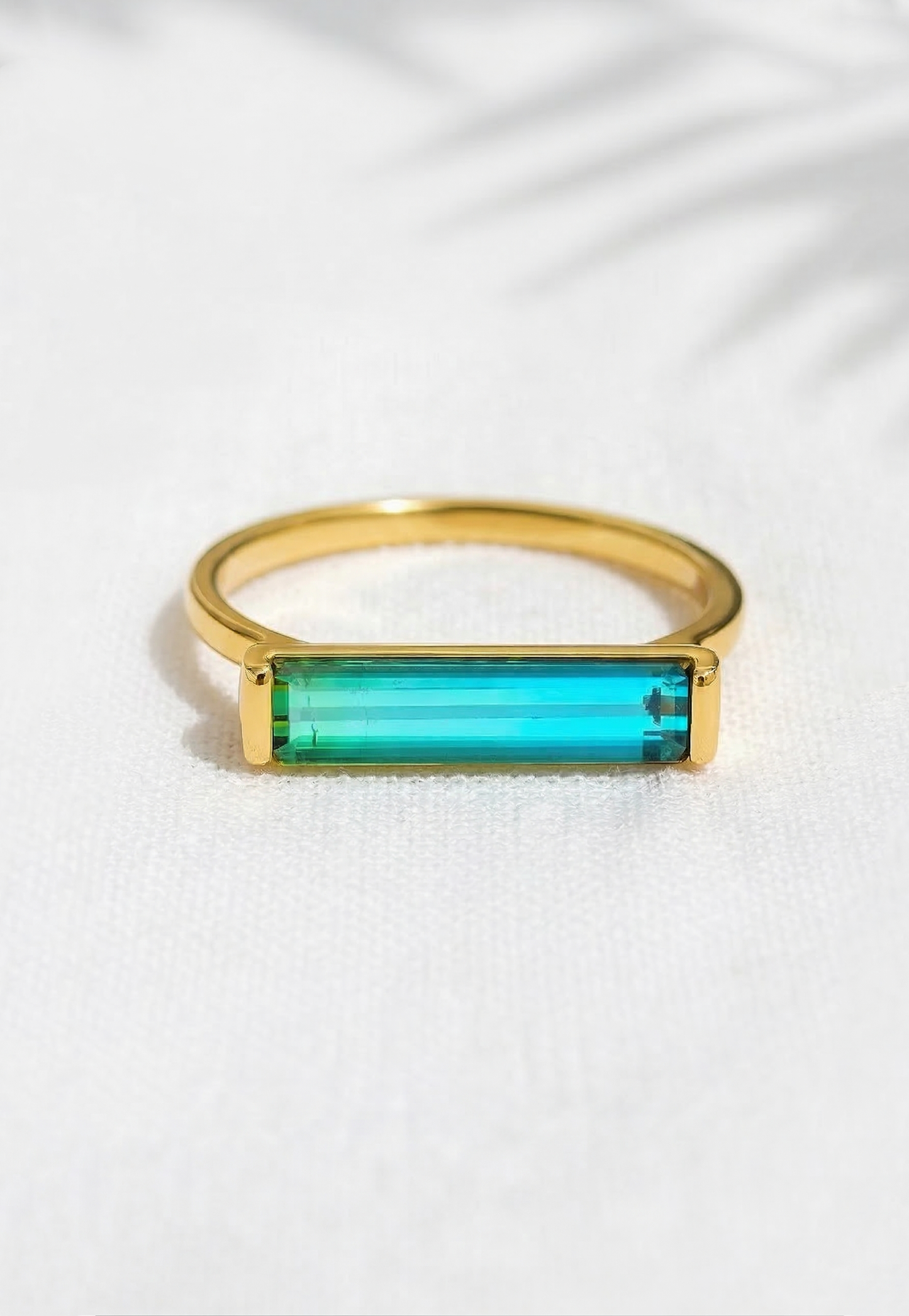 14K Gold Blue Tourmaline Long Bar Ring