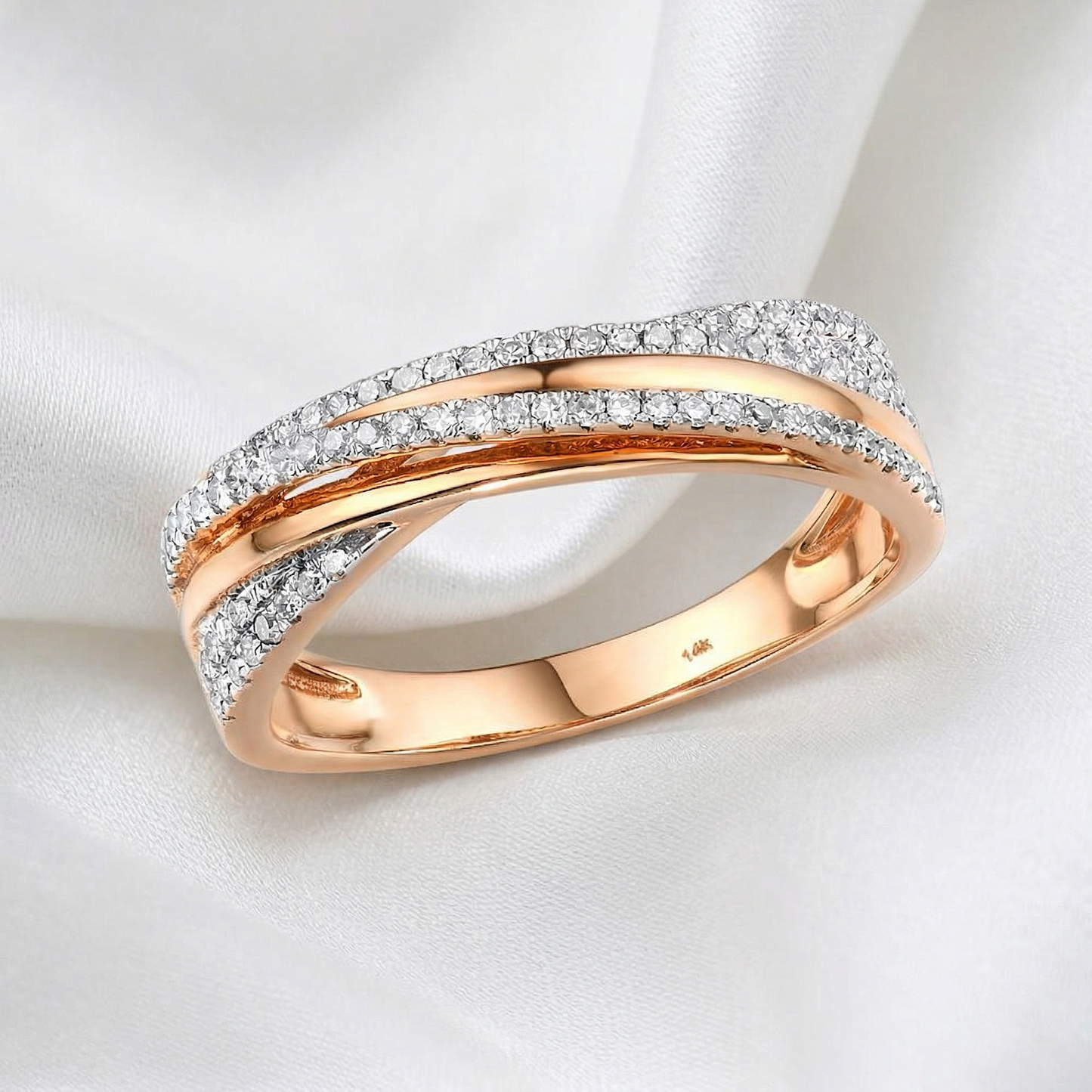 14K Gold Natural Diamond Criss Cross X Ring