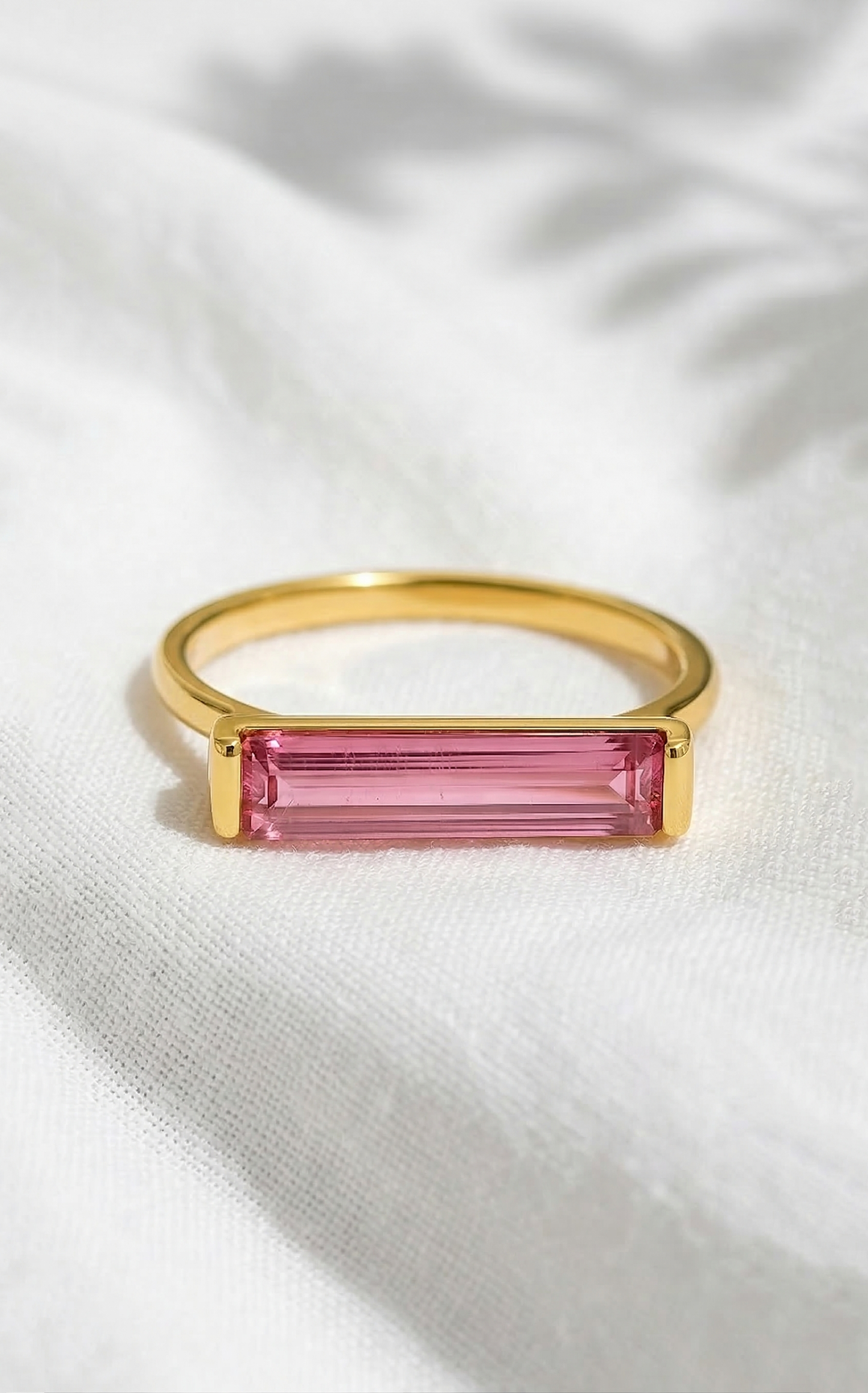 14K Gold Pink Tourmaline Long Bar Ring
