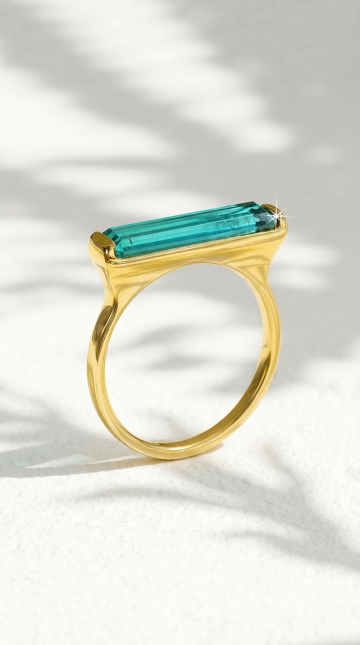 14K Gold Blue Tourmaline Long Bar Ring
