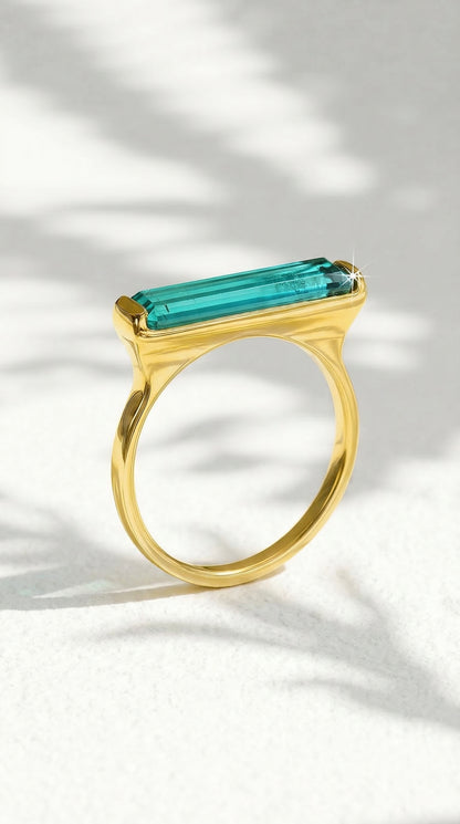 14K Gold Blue Tourmaline Long Bar Ring