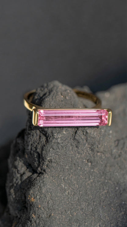 14K Gold Pink Tourmaline Long Bar Ring