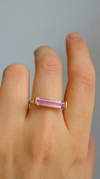 14K Gold Pink Tourmaline Long Bar Ring