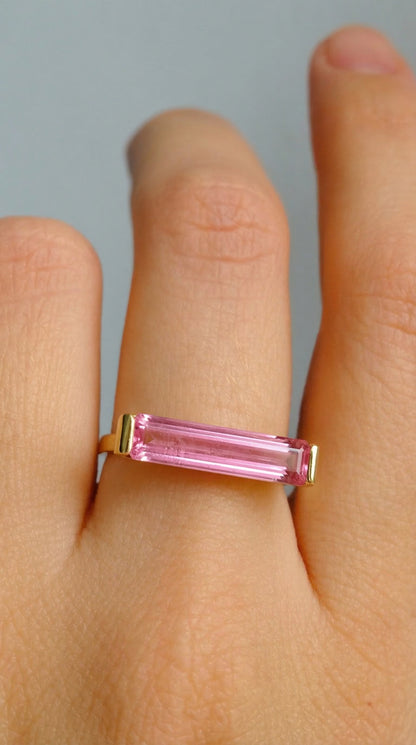 14K Gold Pink Tourmaline Long Bar Ring
