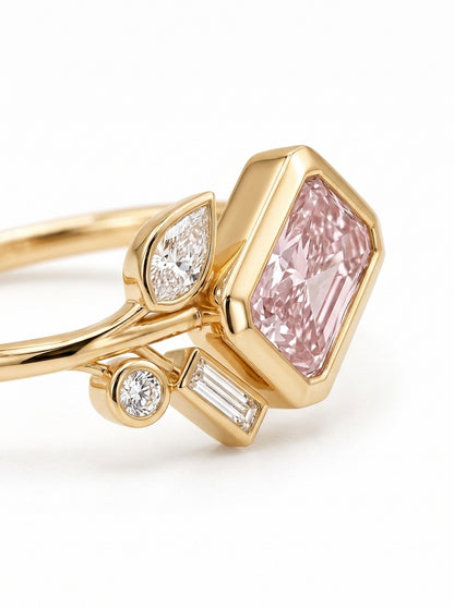 14K Gold Pink Diamond Floral Ring