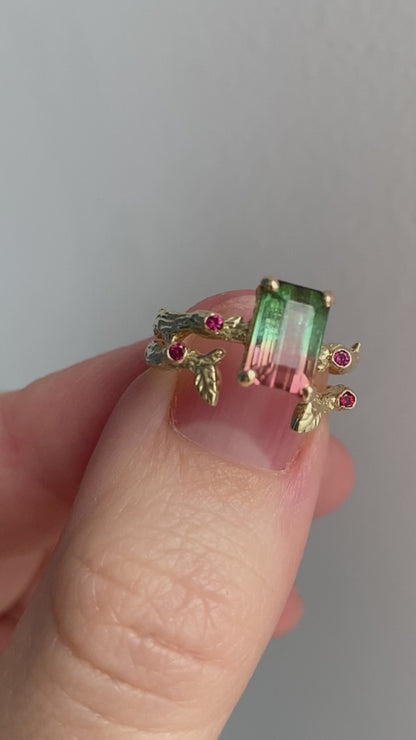 14K Solid Gold Watermelon Tourmaline Ring Set