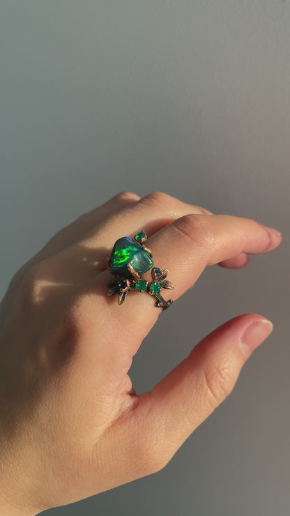 925 Sterling Silver Raw Black Opal Branch Ring