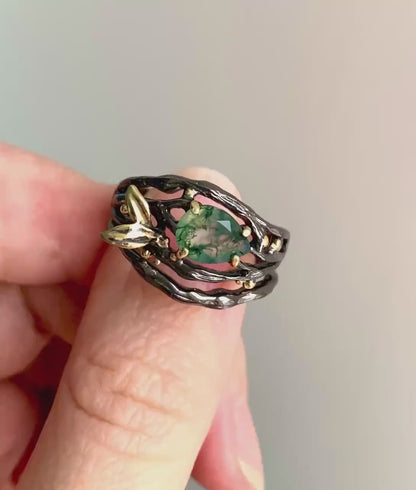 Moss Agate Branch Ring in Sterling Silver