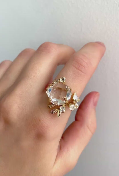 14K solid gold raw herkimer diamond ring