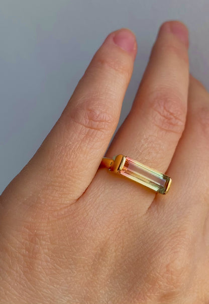 14-18K Solid Gold Watermelon Tourmaline Bar Ring