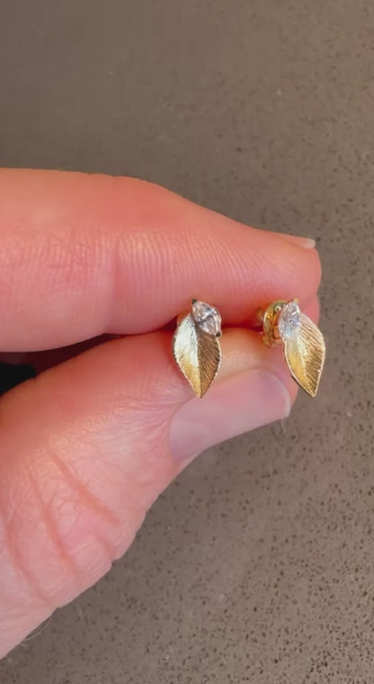 14K Gold Leaf Diamond Stud Earrings