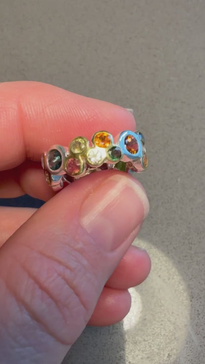 925 Sterling Silver Colorful Cluster Gemstone Ring