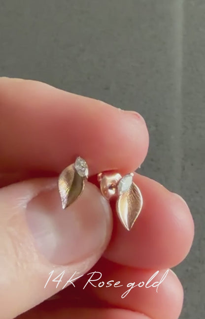 14K Gold Leaf Diamond Stud Earrings