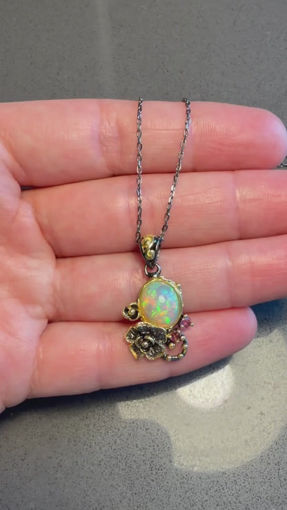 925 Sterling Silver Rainbow Opal Flower Necklace