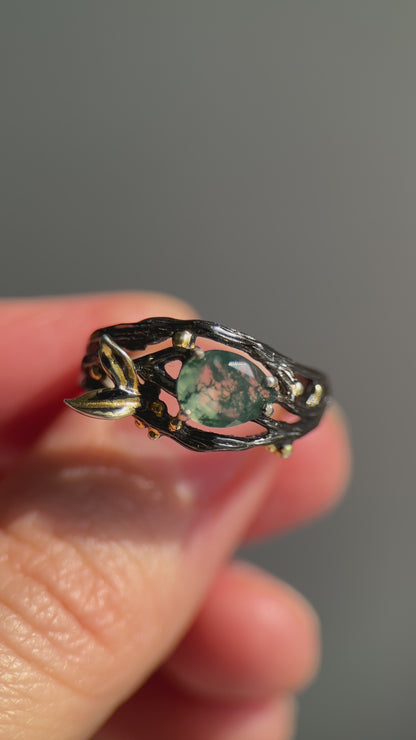 Moss Agate Branch Ring in Sterling Silver