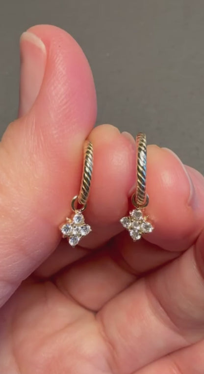 14K Gold Rope Hoop Earrings with diamond charm