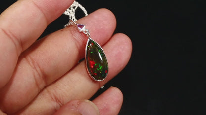 925 silver drop black opal necklace