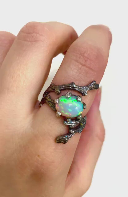 925 sterling silver fire opal branch ring