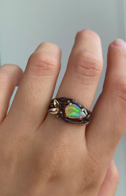 Rainbow Opal Branch Ring in Sterling Silver