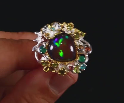 925 Sterling Silver Black Opal Flower Ring