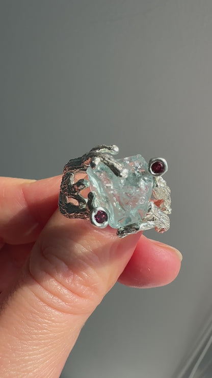 925 sterling silver aquamarine rough black ring