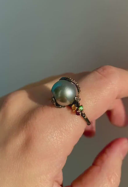 925 Sterling Silver Black Pearl Octopus Tentacle Ring