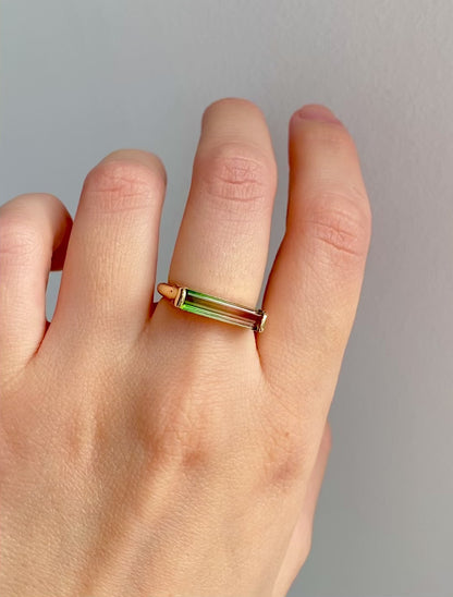 14K Solid Gold Long Bar Bi-Color Tourmaline Ring